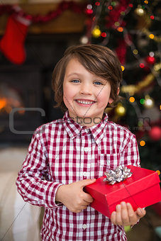 Festive little boy holding a gift