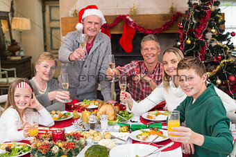 Extended family toasting at christmas dinner