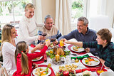 Family toasting with red wine in a christmas dinner