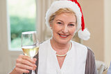 Smiling mature woman in santa hat toasting with white wine