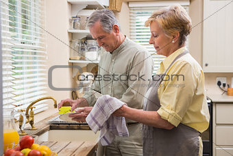 Senior couple washing the dishes