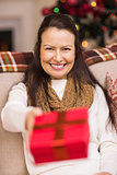Pretty brunette woman offering christmas gift
