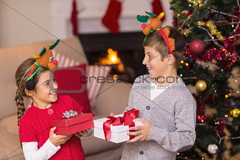 Brother and sister in headband holding present