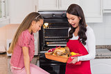 Astonished mother and daughter with roast turkey