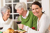 Portrait of woman toasting at camera during christmas dinner