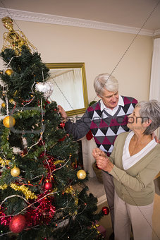 Senior couple decorating their christmas tree