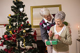 Senior couple swapping gifts by their christmas tree