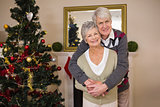 Senior couple hugging beside their christmas tree
