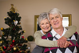 Senior couple smiling beside their christmas tree
