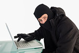 Burglar using laptop while looking at camera