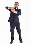 Happy businessman in suit doing gesture