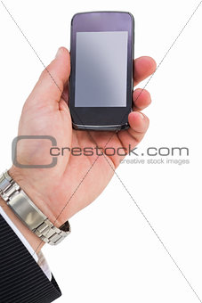 Hand with wrist watch holding mobile phone
