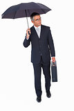 Businessman holding briefcase and standing under umbrella