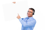 Happy businessman with headphone presenting a panel