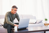 Cheerful man sitting on couch using laptop