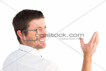 Businessman holding his hand up