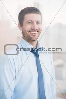 Smiling businessman looking out the window