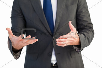 Handsome businessman presenting with hands