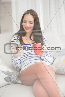 Pretty brunette sending text on the couch