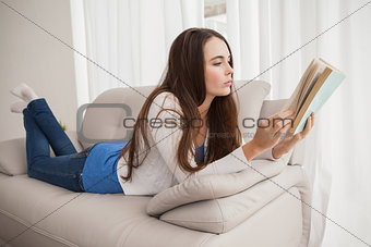 Pretty brunette reading book on couch