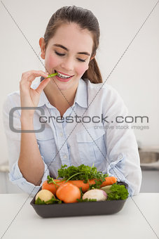 Pretty brunette eating raw vegetables