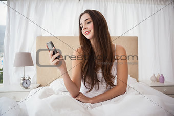 Pretty brunette sending a text in bed