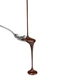 Chocolate poured into a spoon on white background