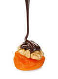 chocolate pouring on walnut and apricots isolated on white backg