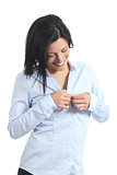 Casual business woman undressing unbuttoning shirt