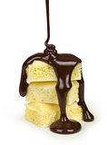 melted chocolate is poured on a stack of slices of milk and dark chocolate and white chocolate