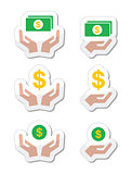 Hands with dollar banknote, coin vector icons set