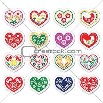 Folk hearts with flowers and birds icons set