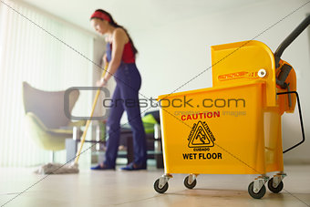 Woman Doing Chores Cleaning Floor At Home Focus on Bucket