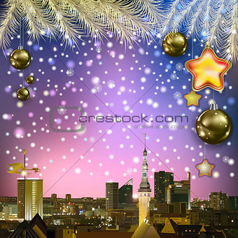 abstract greeting with Christmas decorations and cityscape