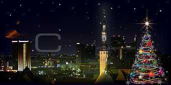abstract greeting with christmas tree and cityscape of Tallinn