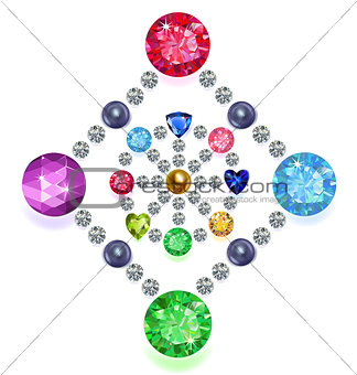 Rhombus-circle composition colored gems set