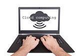 Man working on laptop, cloud computing