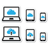 Cloud network on laptop, tablet, smartphone icons set
