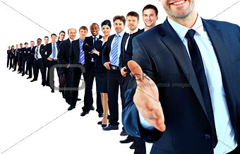 Business group in a row. leader with open hand
