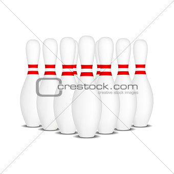 Bowling pins with red stripes standing in formation