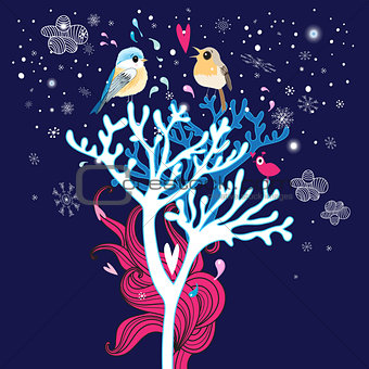winter card with enamored birds in the trees