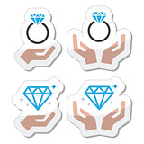 Diamond engagement ring with hands vector icon