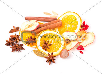 Christmas spices and dried orange sliceson 