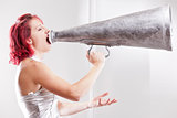 red haired girl with a megaphone
