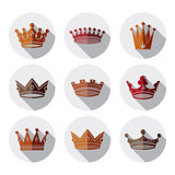 Set of 3d golden royal crowns isolated. Majestic classic symbols