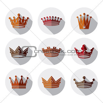 Set of 3d golden royal crowns isolated. Majestic classic symbols
