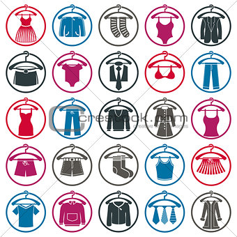 Clothing symbols, isolated vector clothing.
