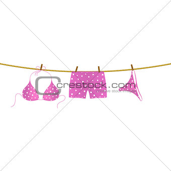 Bikini and boxer shorts hanging on rope
