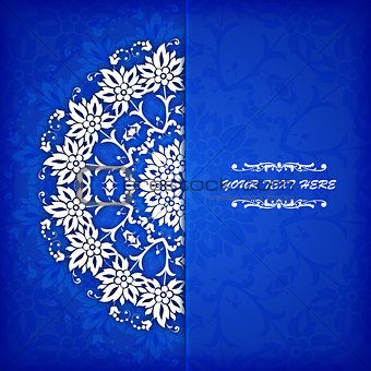 Abstract vector circle floral ornamental border. Lace pattern design. White ornament on blue background. Can be used for banner, web design, wedding cards and others
