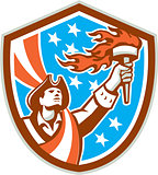 American Patriot Holding Torch Flag Shield Retro